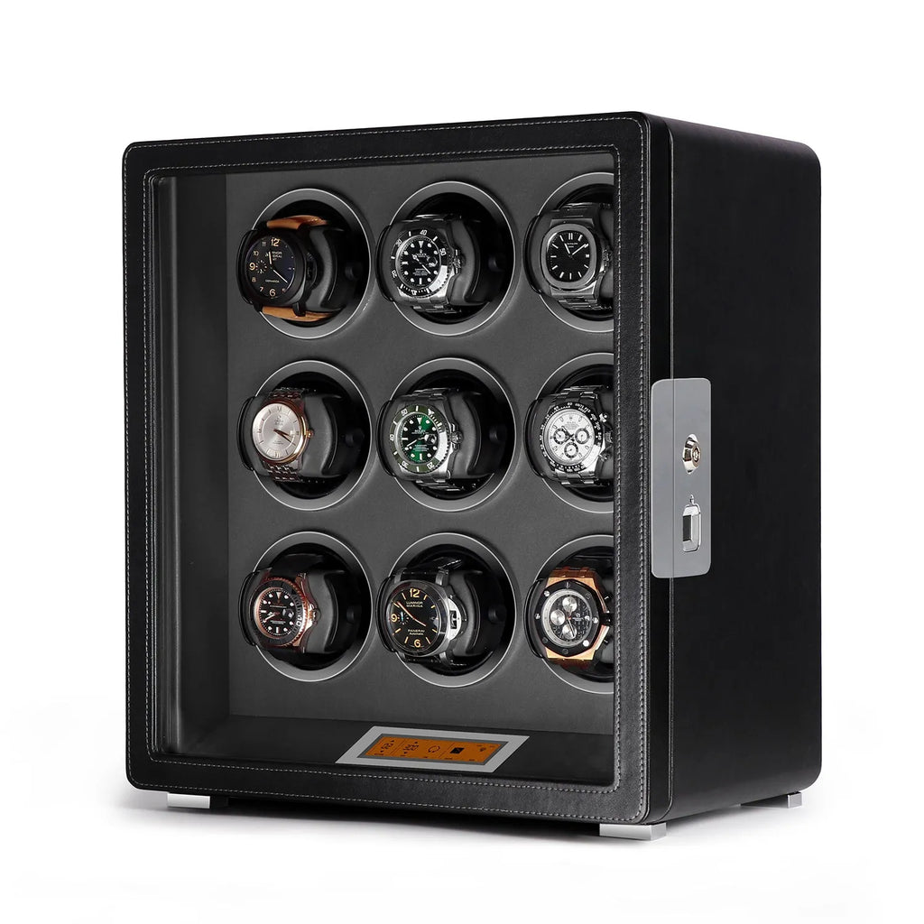 Aevitas 9-watch winder in smooth black leather with a grey interior, touchscreen control, and silver satin hardware.