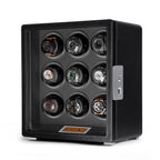 Aevitas 9-watch winder in smooth black leather with a grey interior, touchscreen control, and silver satin hardware.