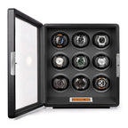 Aevitas 9-watch winder in smooth black leather with a grey interior, featuring a touchscreen display and glass door.