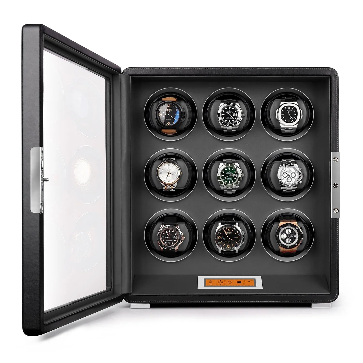 Aevitas 9-watch winder in smooth black leather with a grey interior, featuring a touchscreen display and glass door.