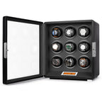Aevitas 9-watch winder in smooth black leather with a green interior, glass door, and digital touchscreen control panel.