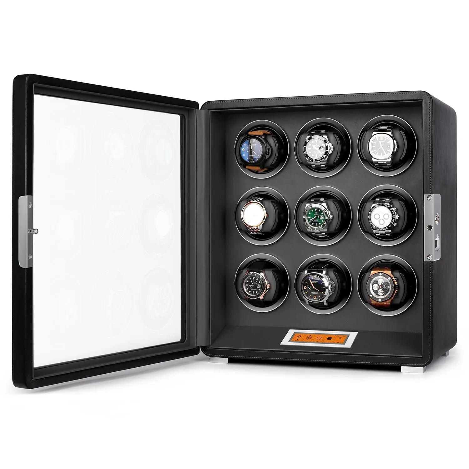 Aevitas 9-watch winder in smooth black leather with a green interior, glass door, and digital touchscreen control panel.