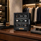 Elegant 9 Watch Winder in black leatherette with green interior displayed in a bright modern walk-in dressing room.