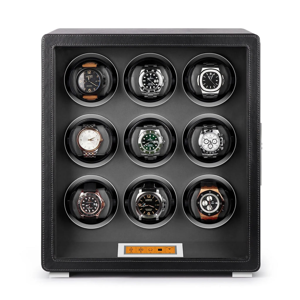 Aevitas 9-watch winder in smooth black leather with grey interior, featuring a digital touchscreen and silver accents.