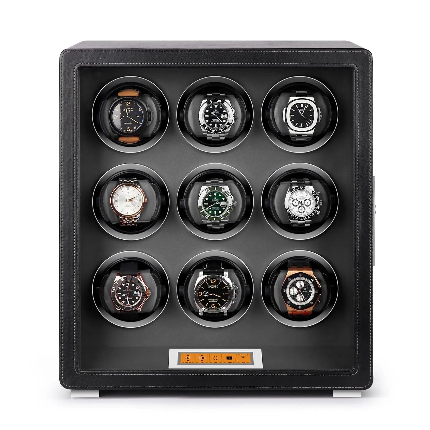 Aevitas 9-watch winder in smooth black leather with grey interior, featuring a digital touchscreen and silver accents.