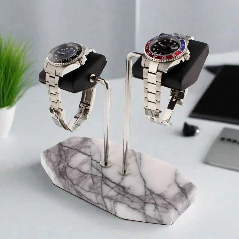Aevitas 2 Watch Stand White Marble Dark Violet Veins with Black Leather