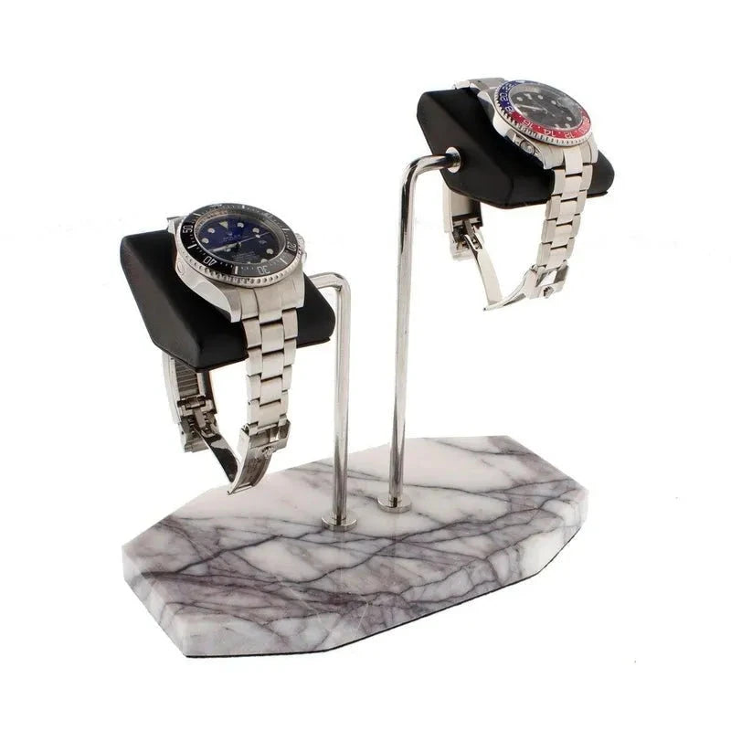 Aevitas 2 Watch Stand White Marble Dark Violet Veins with Black Leather