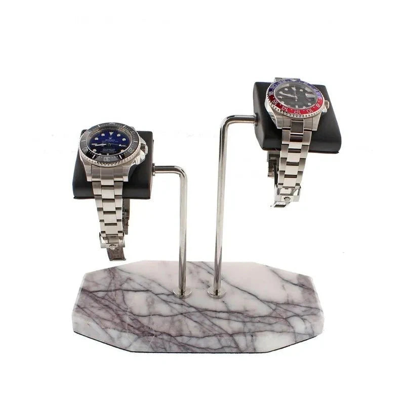 Aevitas 2 Watch Stand White Marble Dark Violet Veins with Black Leather