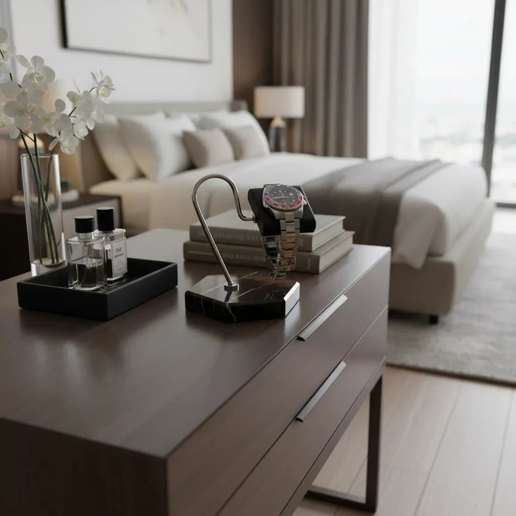 Aevitas Watch Stand in Black Marble Brown Veining with Black Leather
