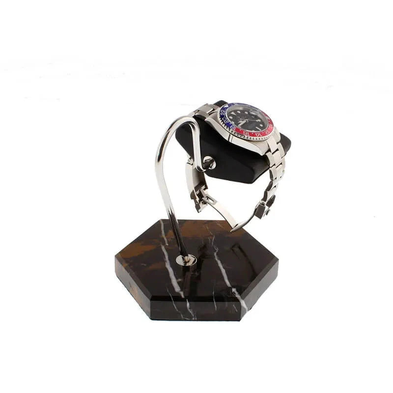 Aevitas Watch Stand in Black Marble Brown Veining with Black Leather