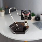 Aevitas Watch Stand in Black Marble Brown Veining with Black Leather