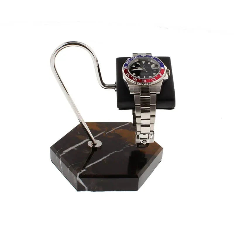 Aevitas Watch Stand in Black Marble Brown Veining with Black Leather