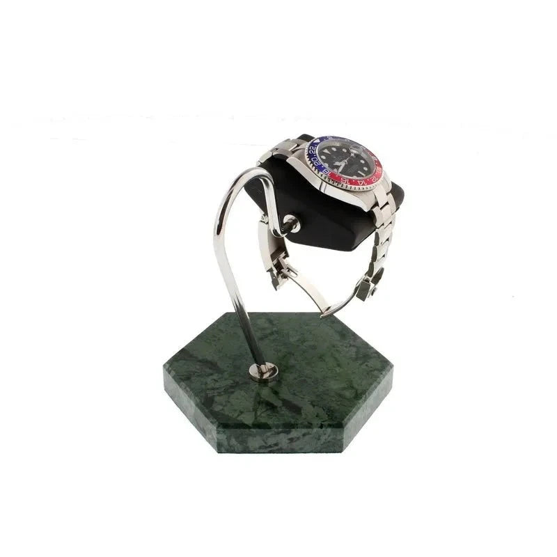 Aevitas Watch Stand in Green Marble Hexagon Base with Black Leather