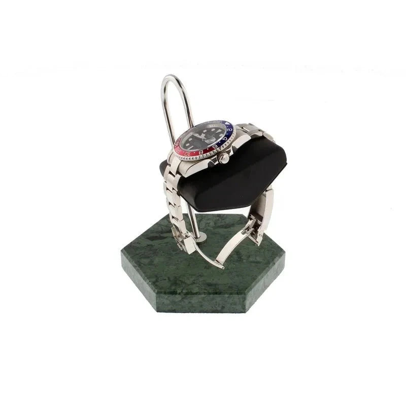 Aevitas Watch Stand in Green Marble Hexagon Base with Black Leather