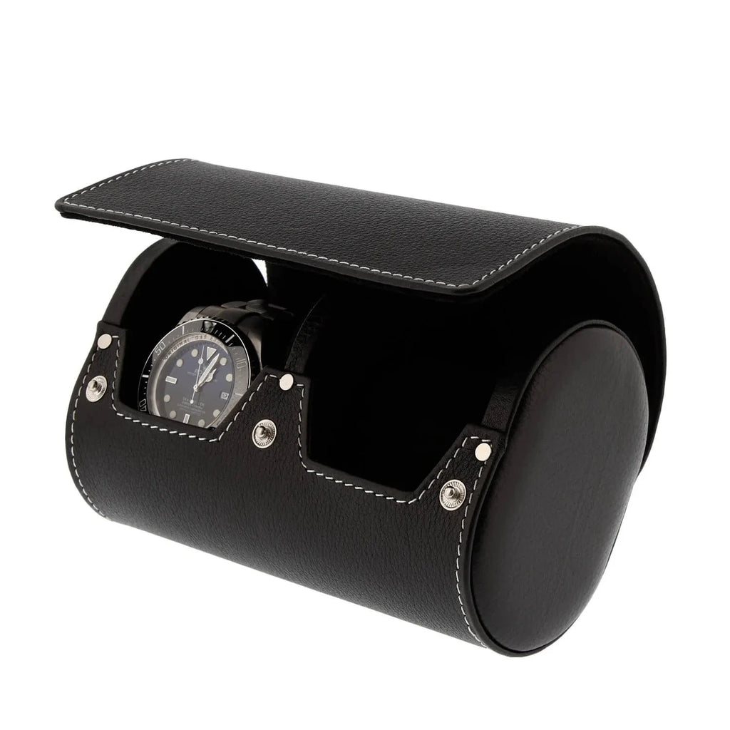 Black Genuine Leather Double Watch Roll Travel Case by Aevitas