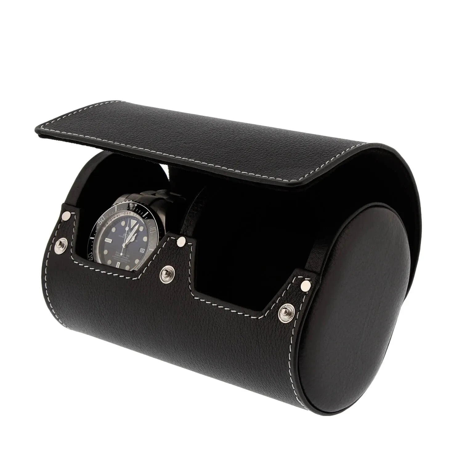 Black Genuine Leather Double Watch Roll Travel Case by Aevitas