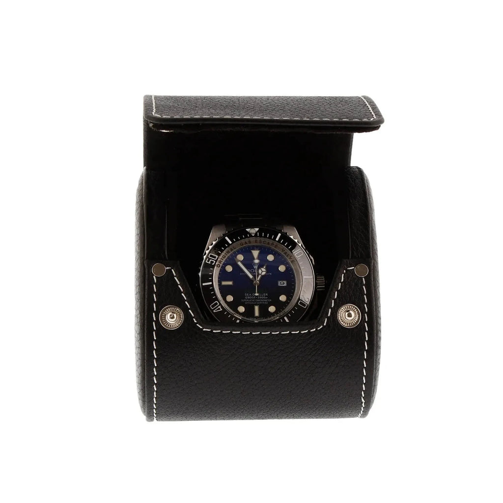 Black Genuine Leather Single Watch Roll Travel Case by Aevitas