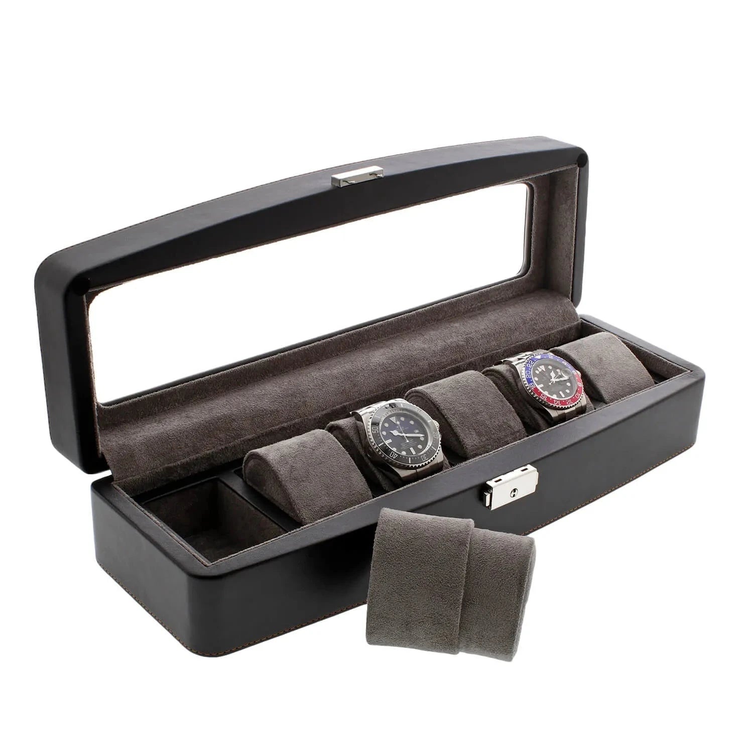 Black Leather 6 Watch Box with Glass Lid Premium Quality by Aevitas