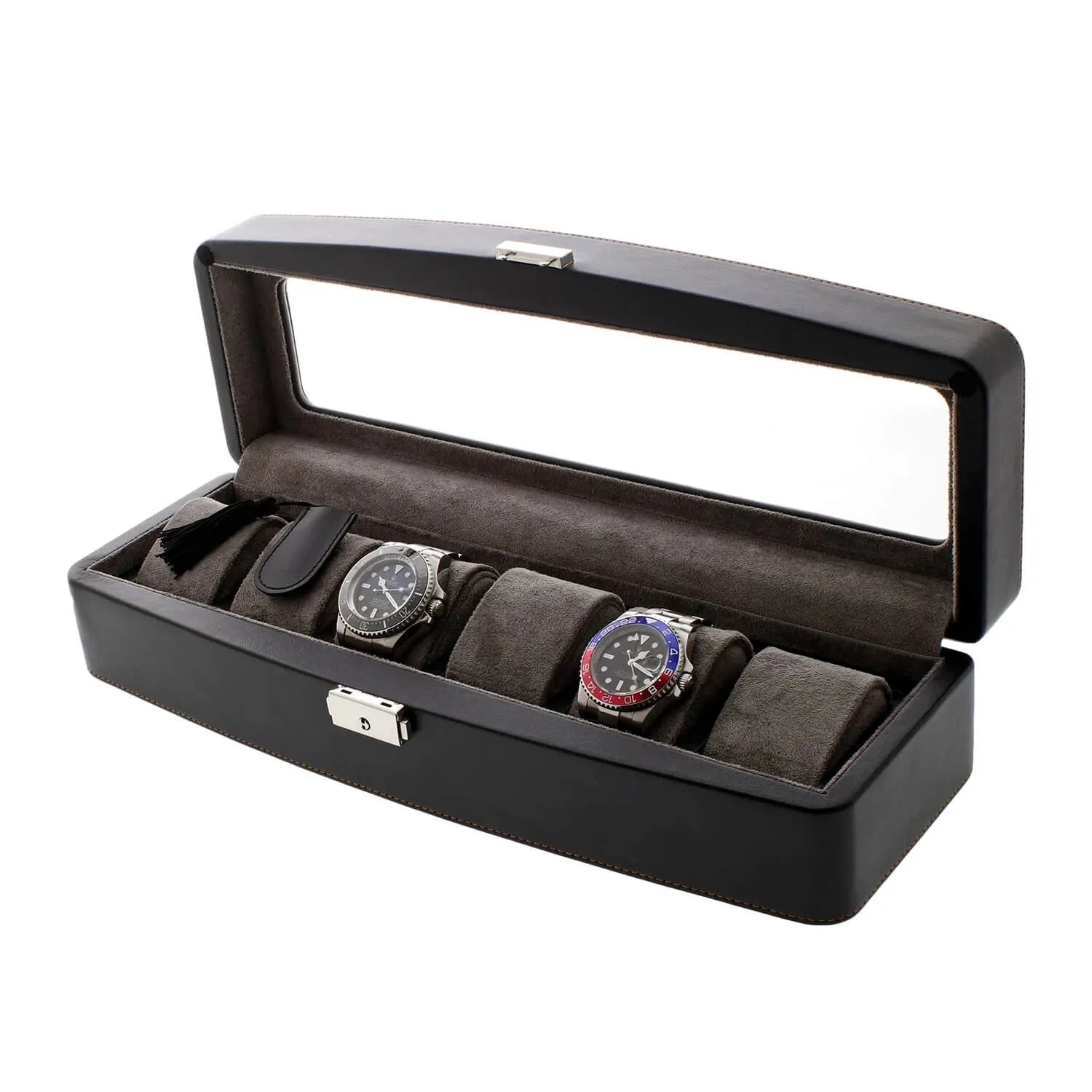 Black Leather 6 Watch Box with Glass Lid Premium Quality by Aevitas