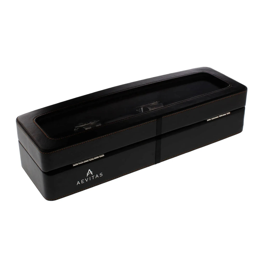 Black Leather 6 Watch Box with Glass Lid Premium Quality by Aevitas