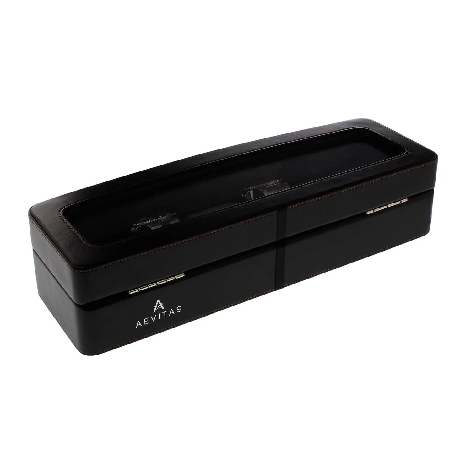Black Leather 6 Watch Box with Glass Lid Premium Quality by Aevitas
