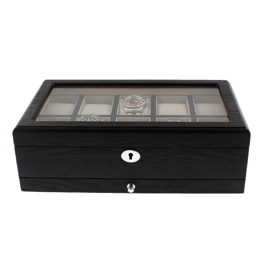 Black Oak Veneer Watch Box for 10 Watches Extra Storage Drawer Premium Quality