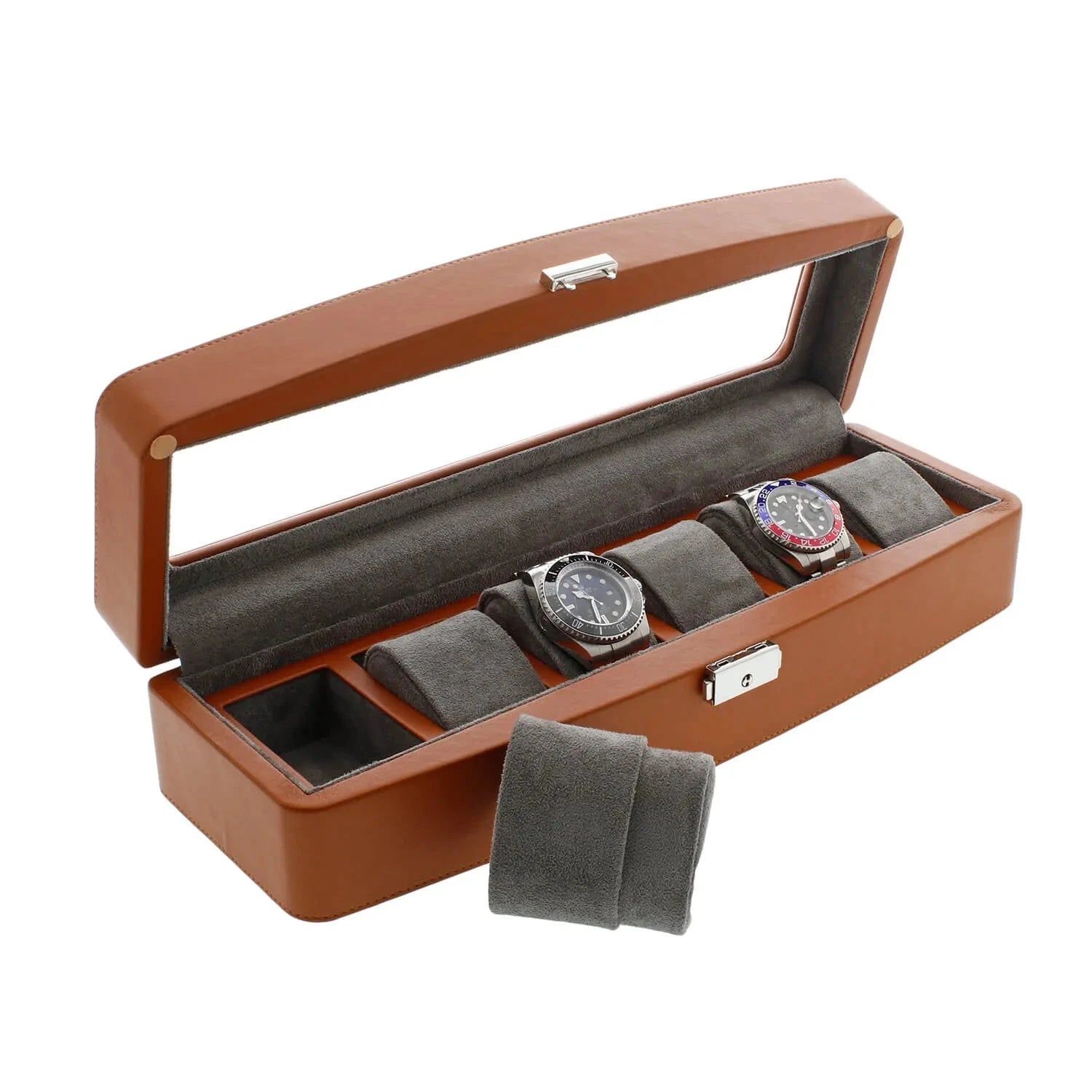 Brown Leather 6 Watch Box with Glass Lid Premium Quality by Aevitas