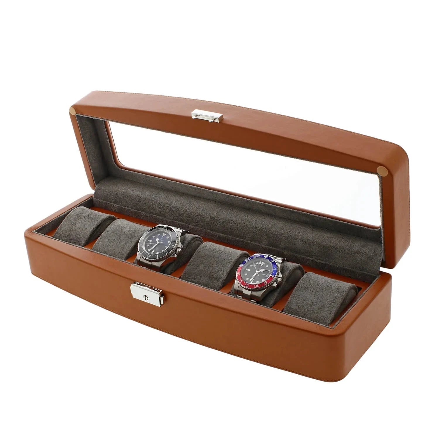 Brown Leather 6 Watch Box with Glass Lid Premium Quality by Aevitas