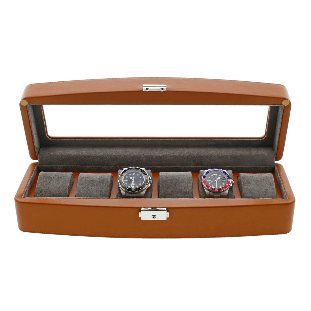 Brown Leather 6 Watch Box with Glass Lid Premium Quality by Aevitas