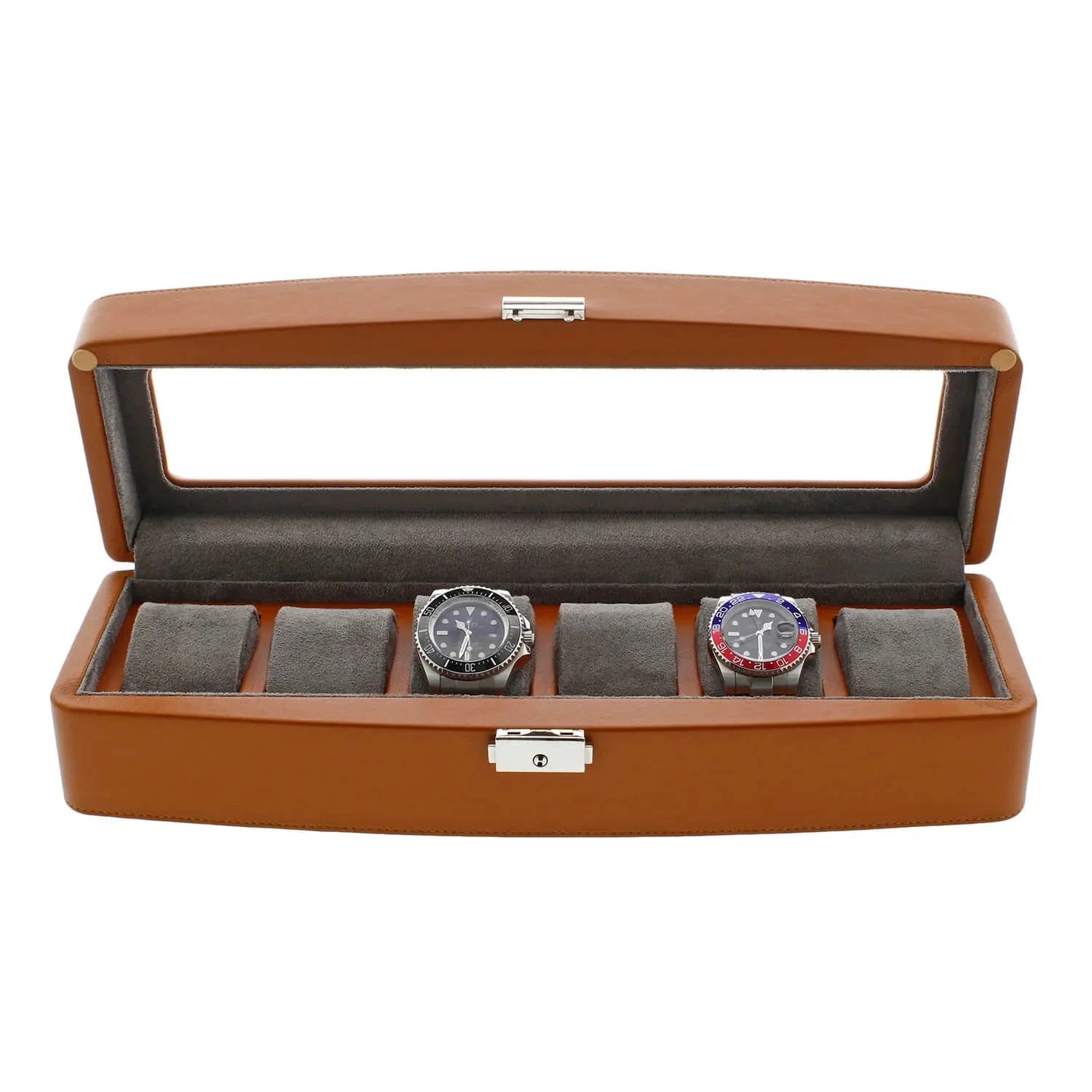 Brown Leather 6 Watch Box with Glass Lid Premium Quality by Aevitas