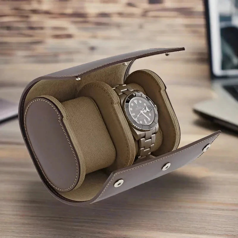 Double Watch Roll Case in Premium Dark Brown Calf Leather by Aevitas