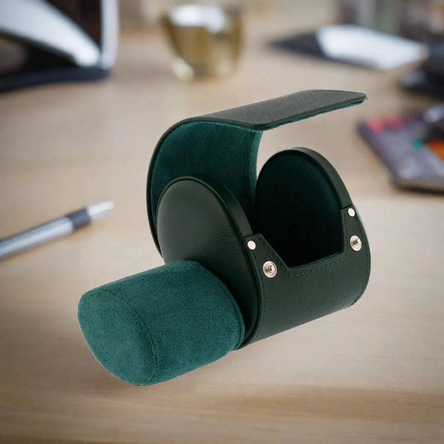 Green Genuine Leather Single Watch Roll Travel Case by Aevitas