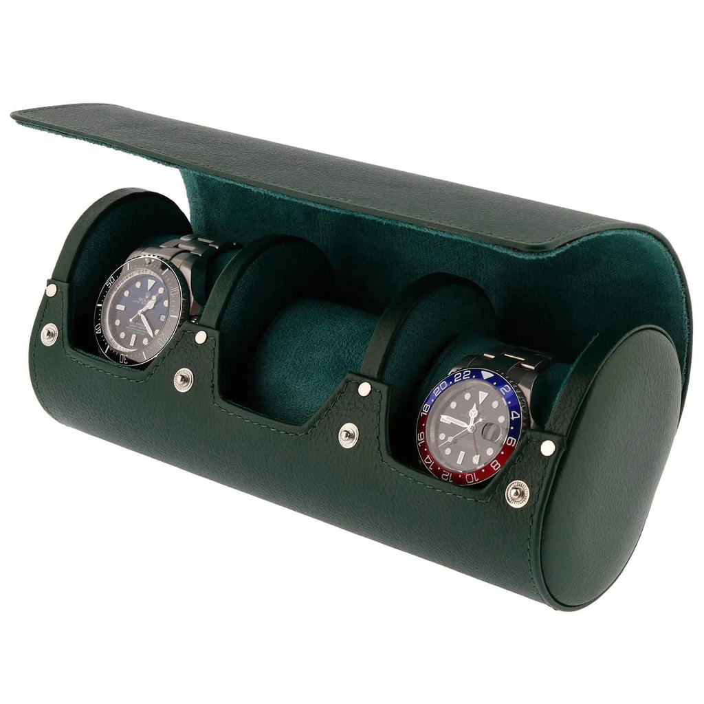 Green Genuine Leather Triple Watch Roll Travel Case by Aevitas