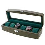 Green Leather 6 Watch Box with Glass Lid Premium Quality by Aevitas