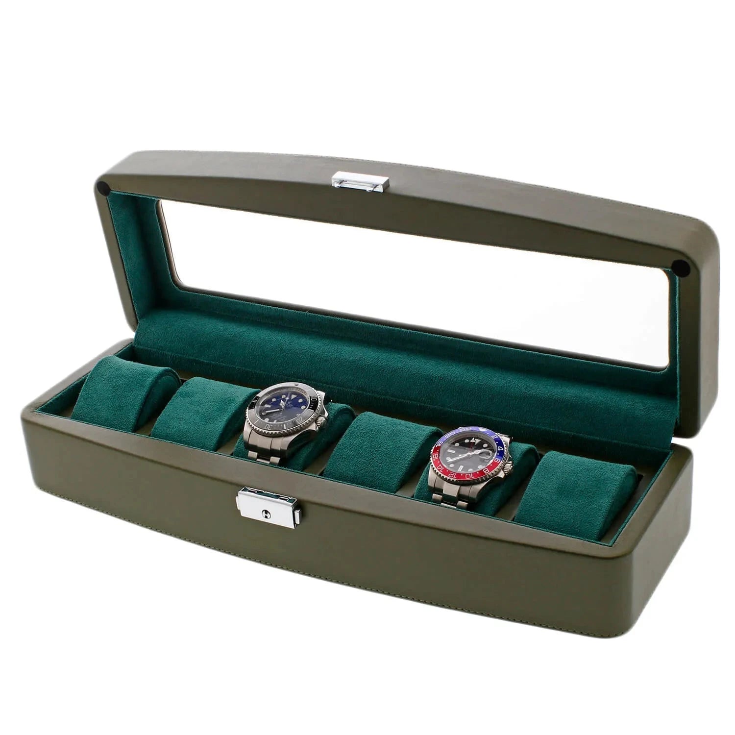 Green Leather 6 Watch Box with Glass Lid Premium Quality by Aevitas