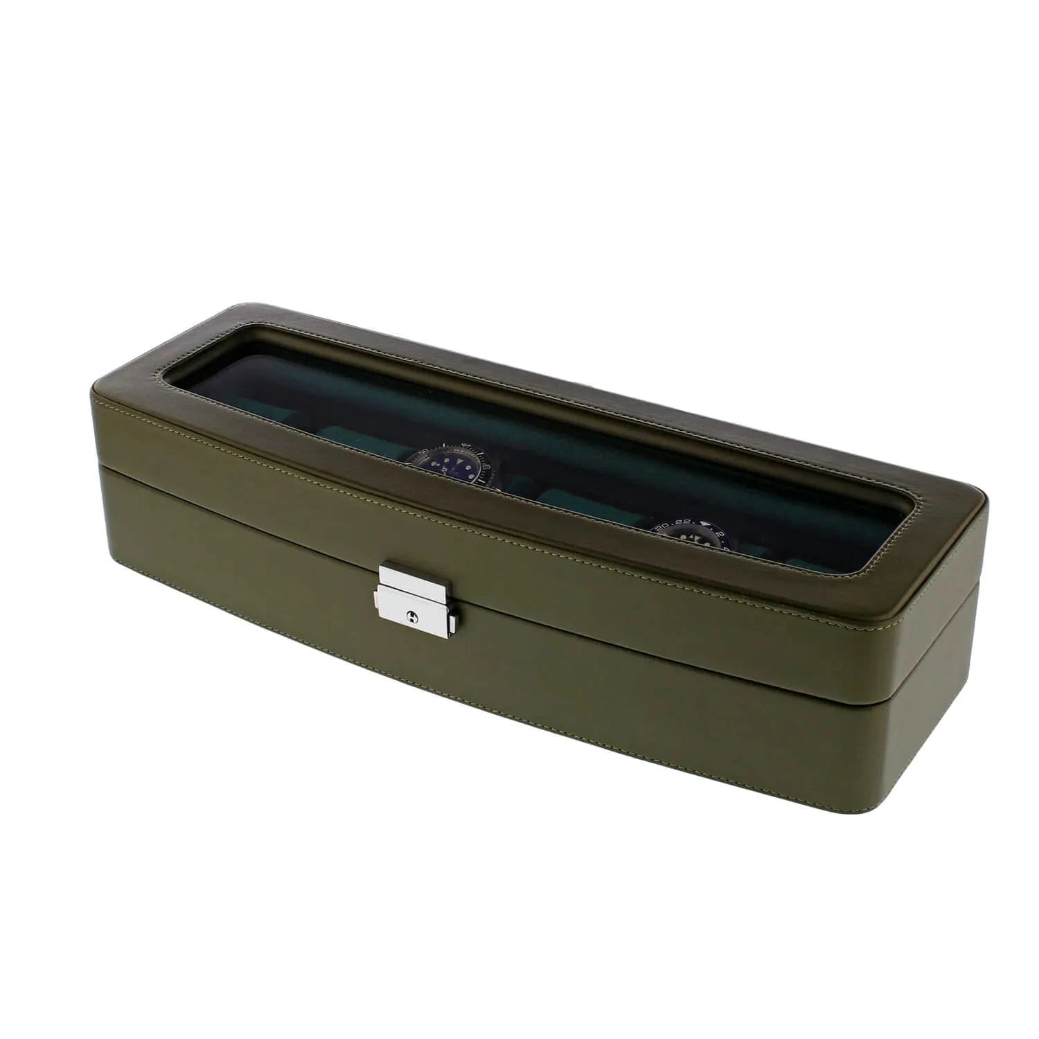 Green Leather 6 Watch Box with Glass Lid Premium Quality by Aevitas