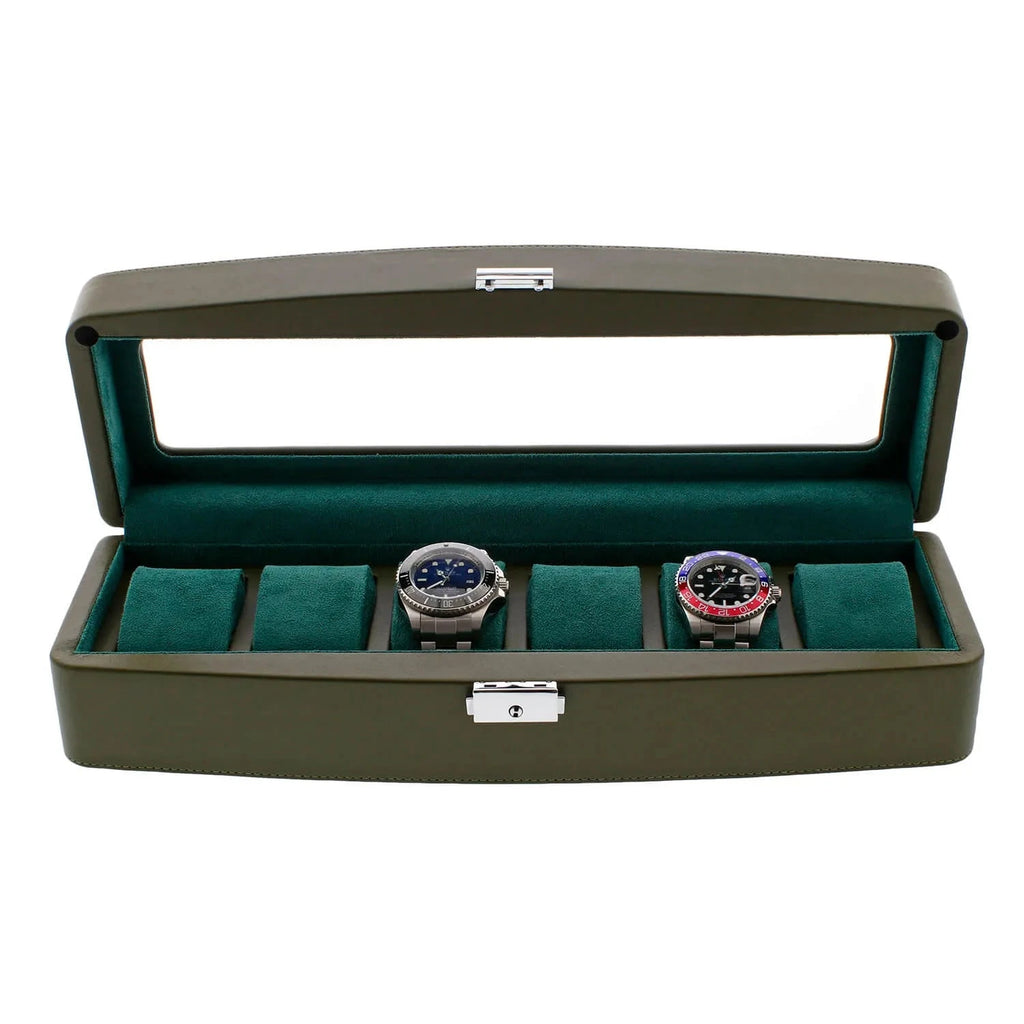 Green Leather 6 Watch Box with Glass Lid Premium Quality by Aevitas