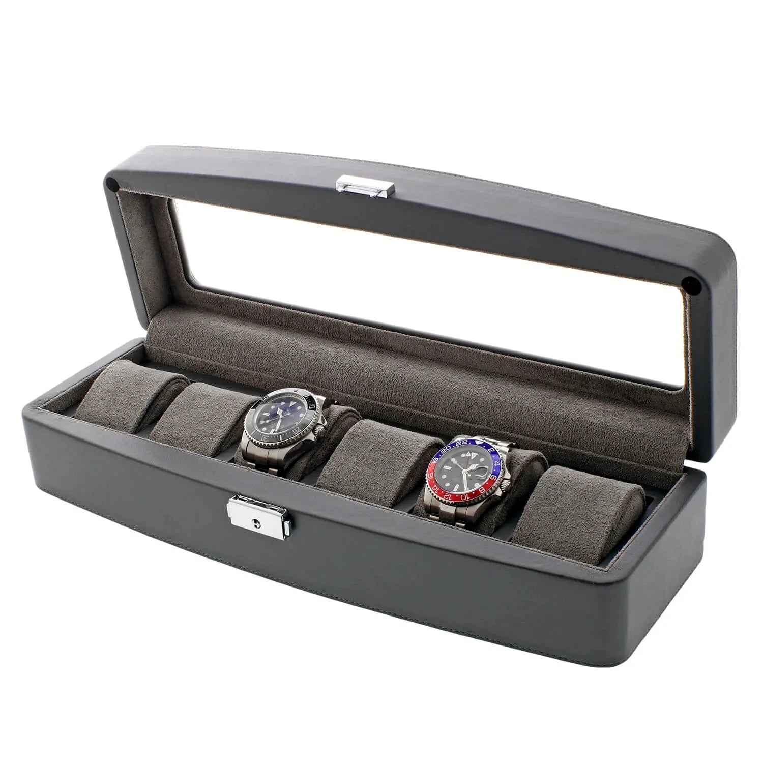 Grey Leather 6 Watch Box with Glass Lid Premium Quality by Aevitas