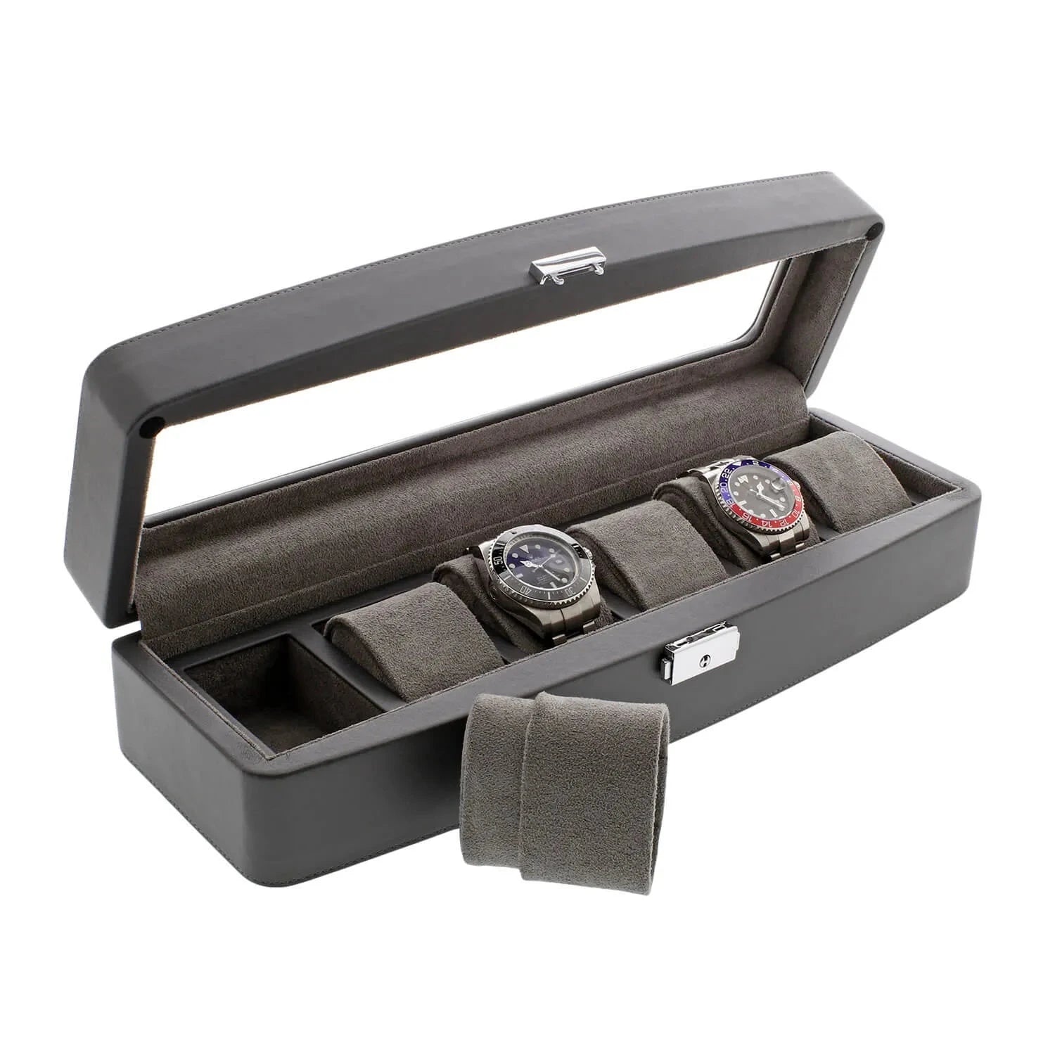 Grey Leather 6 Watch Box with Glass Lid Premium Quality by Aevitas