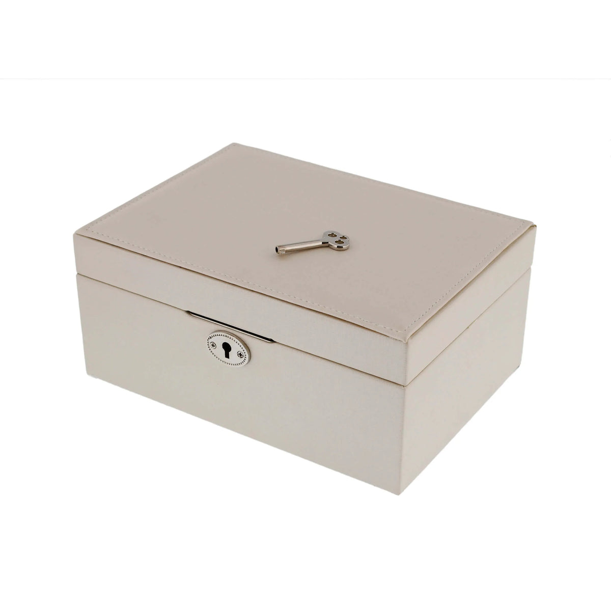 Compact ivory Saffiano faux leather jewellery box with a silver lock and matching key on top.