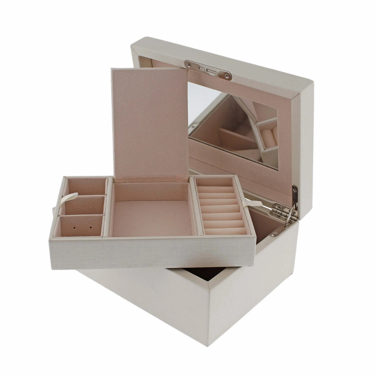 Ivory Saffiano faux leather jewellery box with a lift-out tray, ring sections, and an integrated mirror.