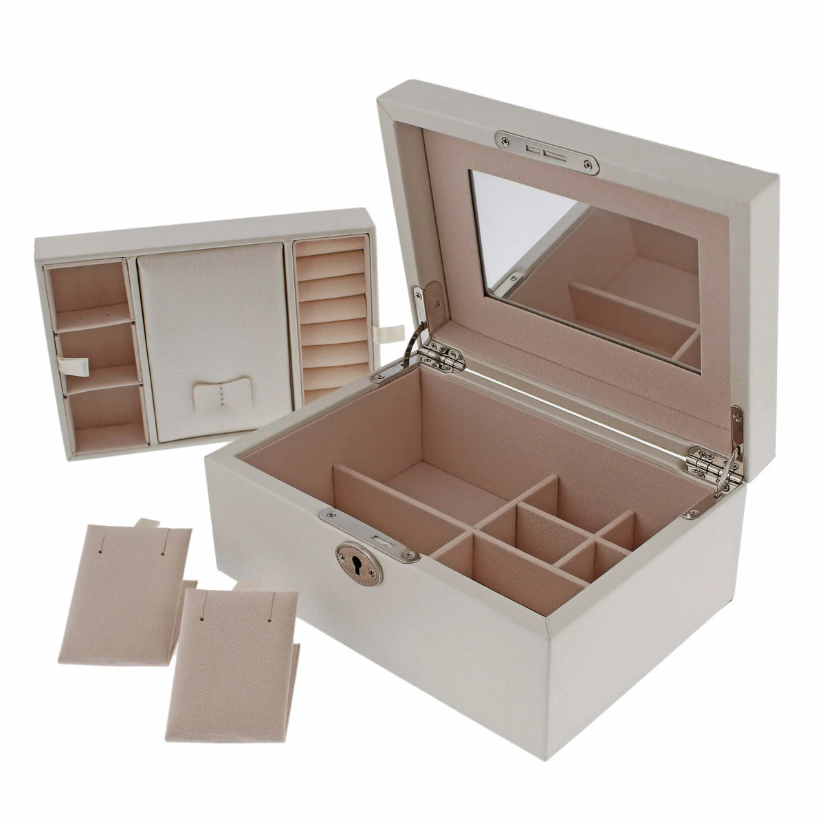 Ivory Saffiano faux leather jewellery box with a lockable lid, internal mirror, and removable compartmentalized storage tray.