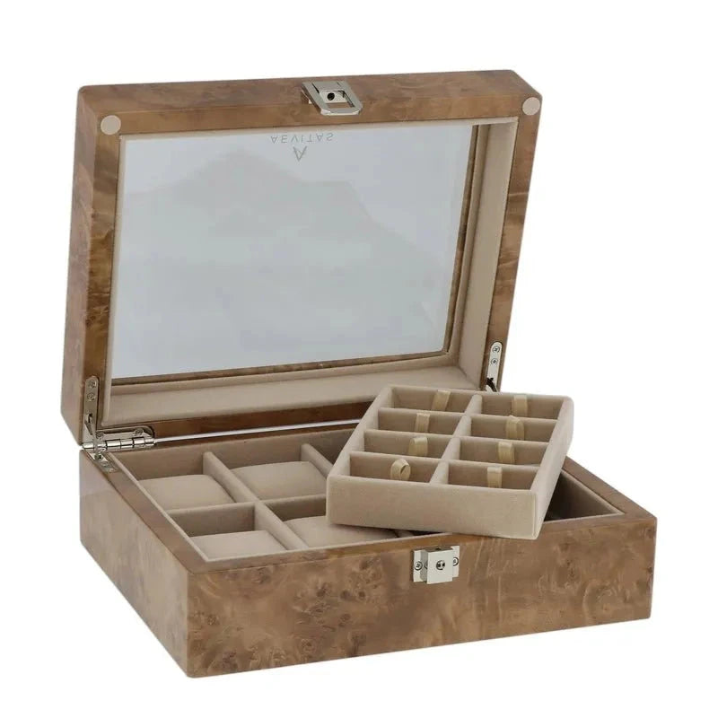 Light Burl Walnut Wood Collectors Box for 4 Watches and 16 Pair Cufflinks by Aevitas