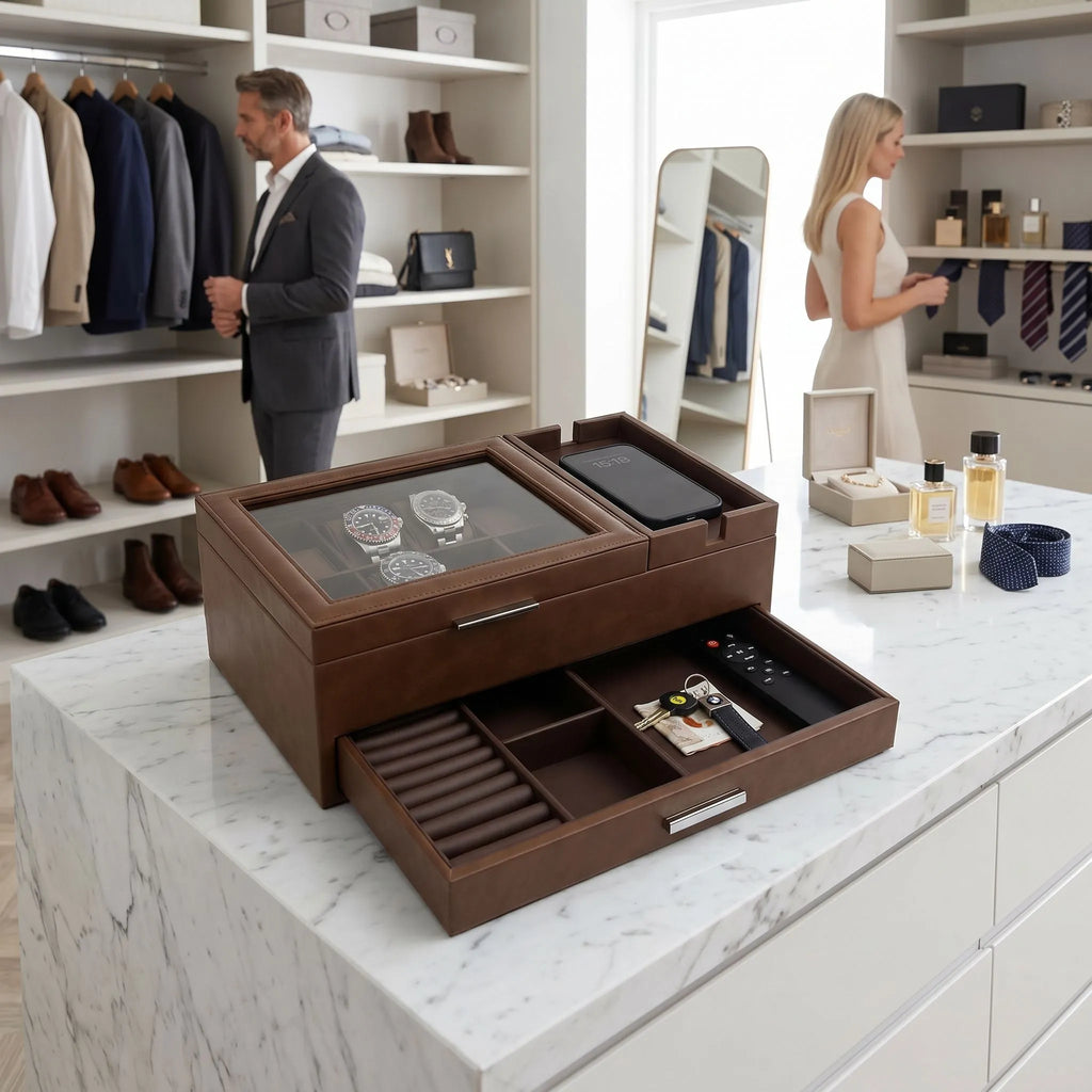 Men's Large Brown Valet Tray with 8 Watch Holders by Aevitas