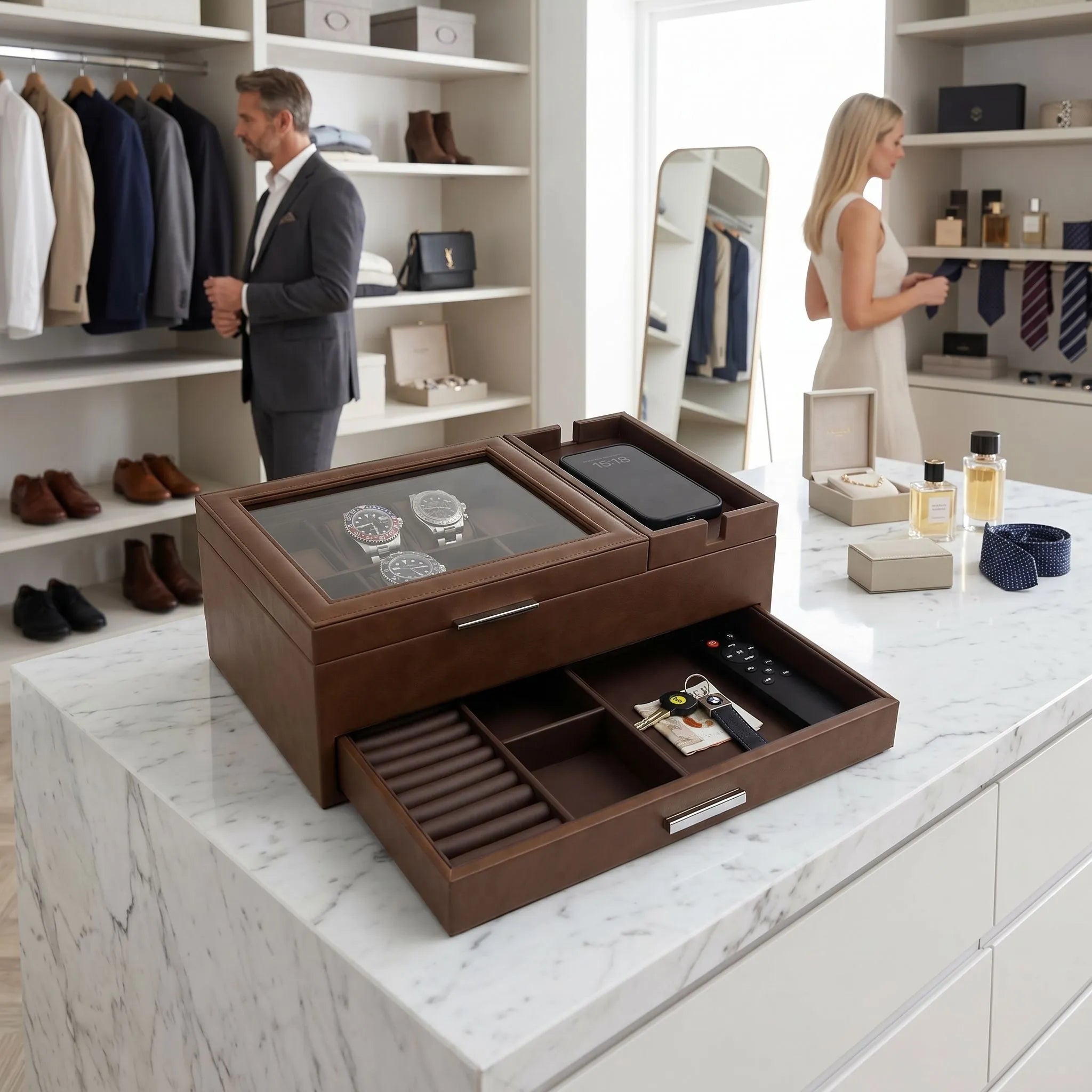 Men's Large Brown Valet Tray with 8 Watch Holders by Aevitas