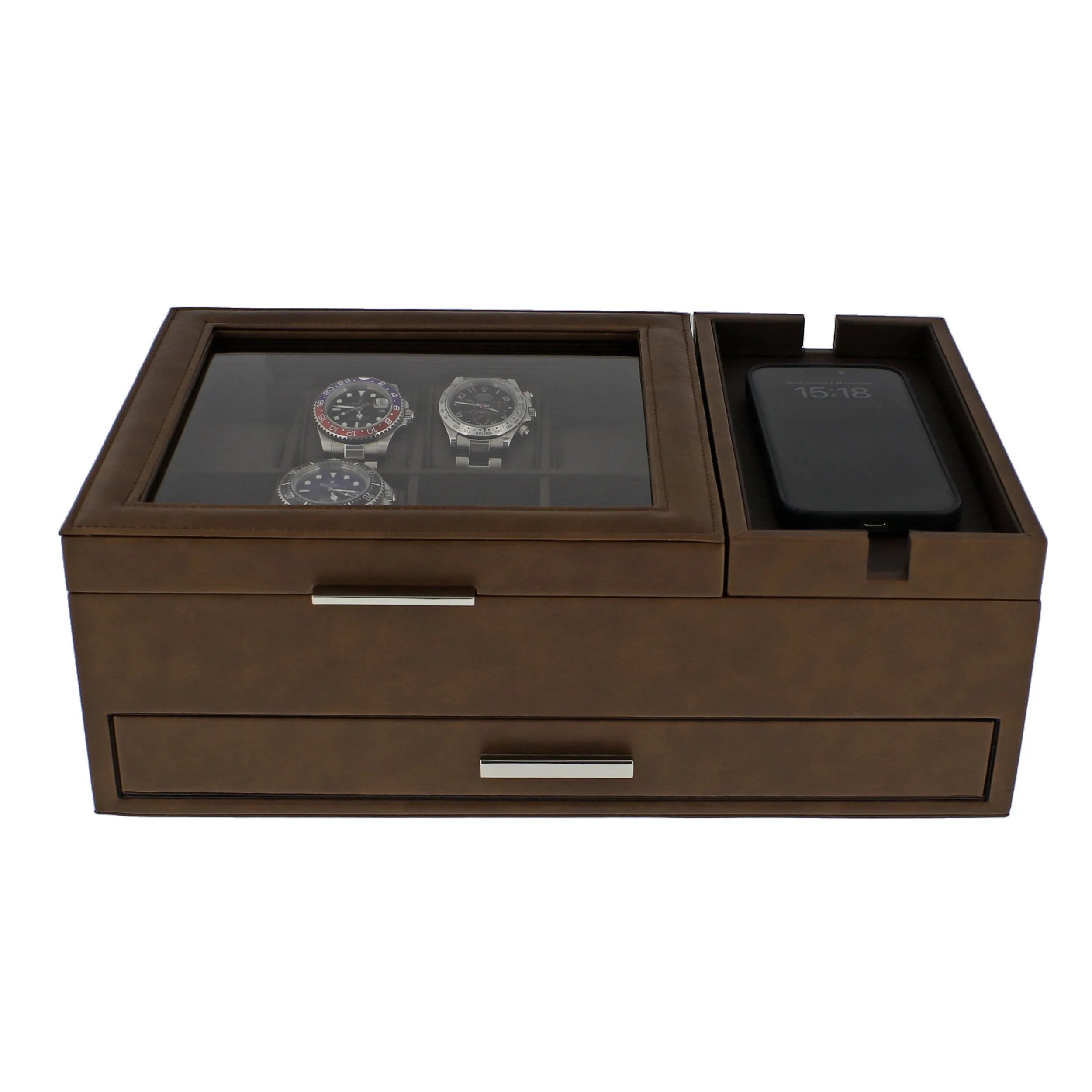 Men's Large Brown Valet Tray with 8 Watch Holders by Aevitas