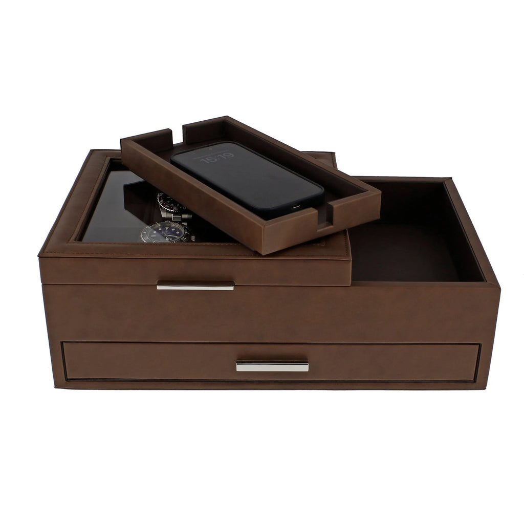 Men's Large Brown Valet Tray with 8 Watch Holders by Aevitas