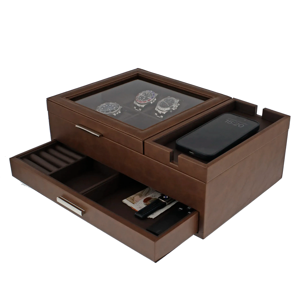 Men's Large Brown Valet Tray with 8 Watch Holders by Aevitas