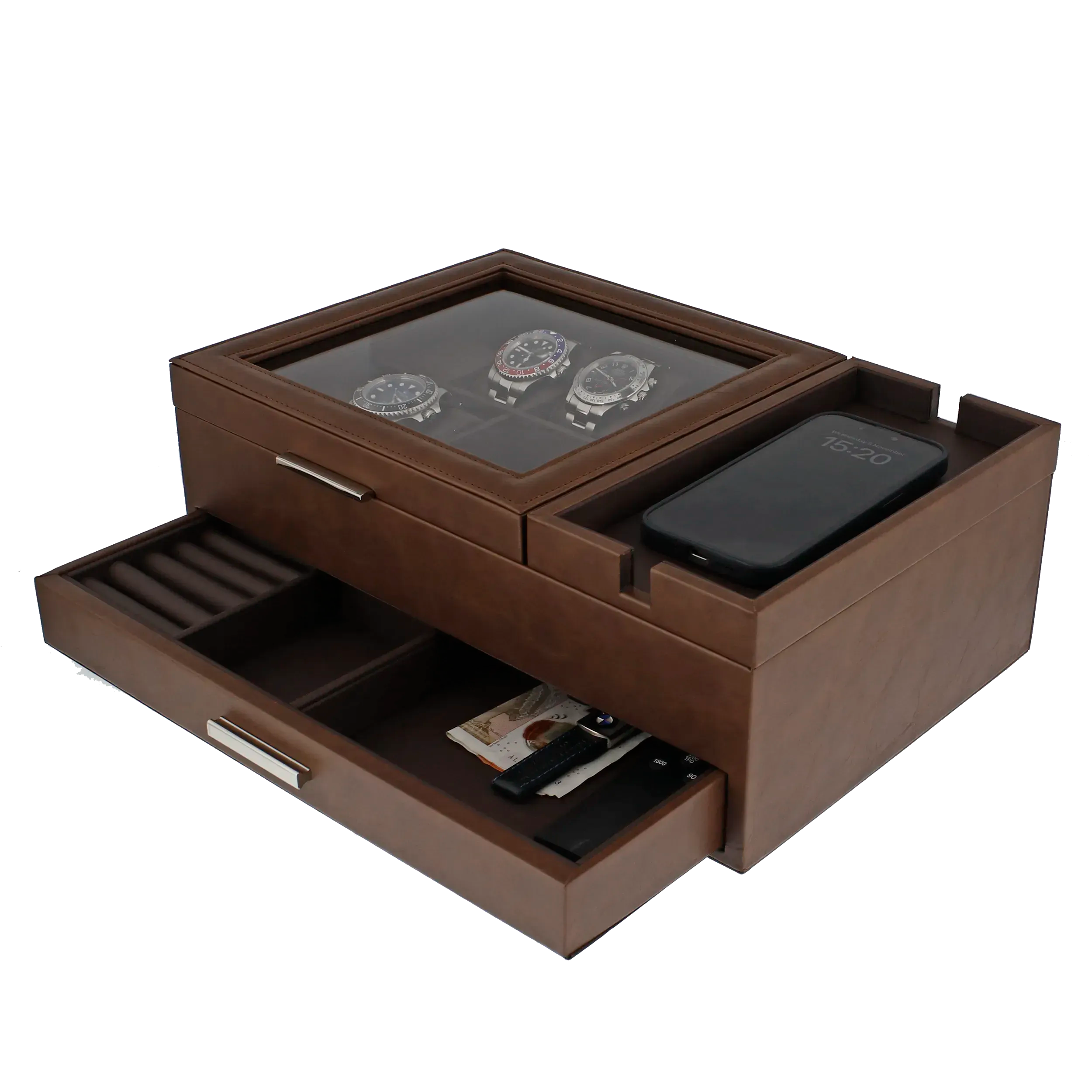 Men's Large Brown Valet Tray with 8 Watch Holders by Aevitas
