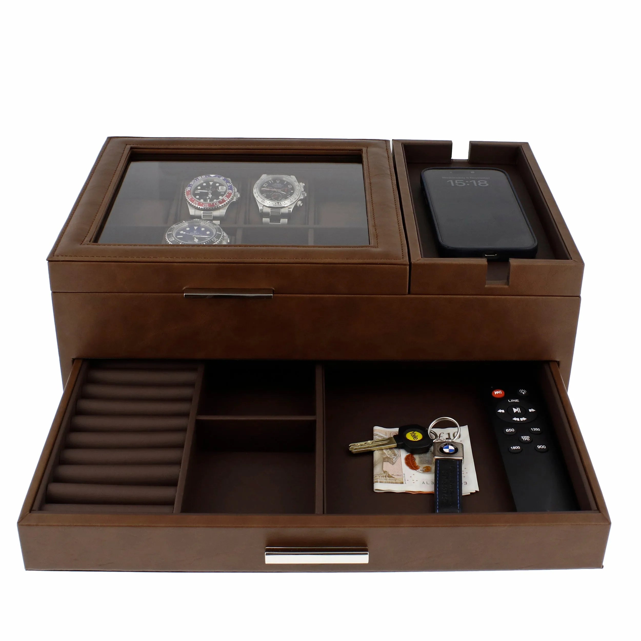 Men's Large Brown Valet Tray with 8 Watch Holders by Aevitas